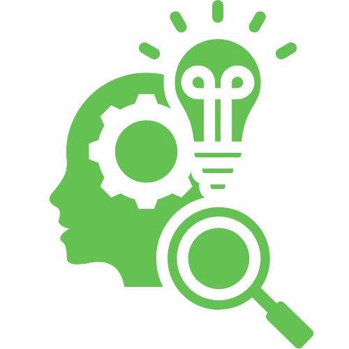 Icon of head with magnifying glass and lightbulb symbolizing ideas and analysis