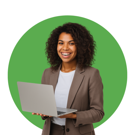 Woman with curly hair holding laptop smiling in front of green circle