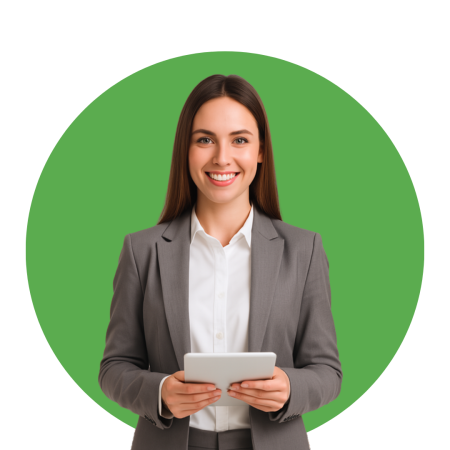 woman in a suit holding a tablet smiling in front of green circle
