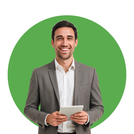 Man in a suit holding a tablet smiling in front of dark background with green accent